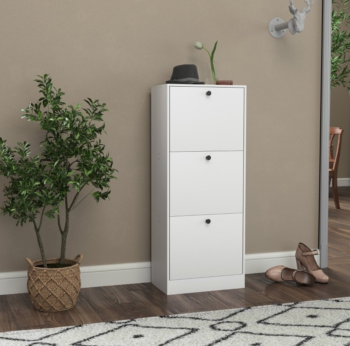 DESMIU Schoenenkast - Smal Met 3 Kleppen En Verstelbare Indeling - Modern Voor Hal En Woonruimte - Spaanplaat - Wit - 47x28x115 Cm