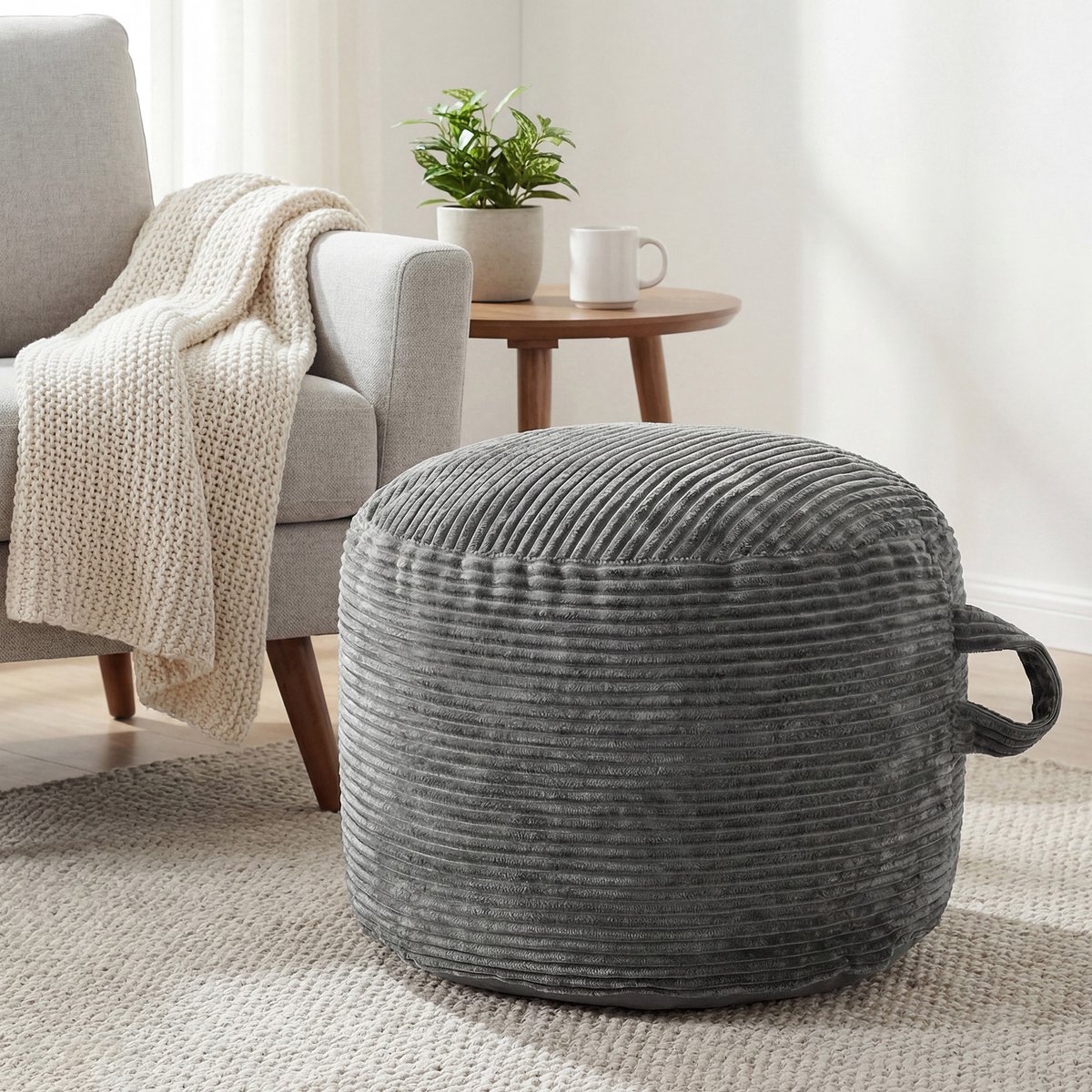 SHANNA Ronde Poef - Zachte Corduroy - Ø50×H45 cm - Donkergrijs - Afneembare ritshoes - Multifunctionele voetensteun