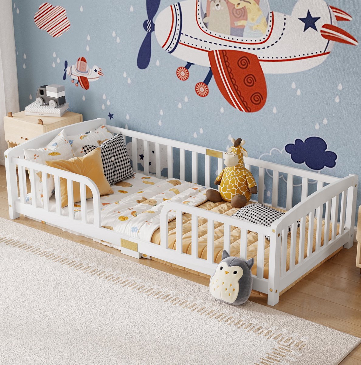 Bodenbed Veiligheidshekje 90 x 200 cm Hout Wit Kinderbed met Middeningang en Beschermende Railing