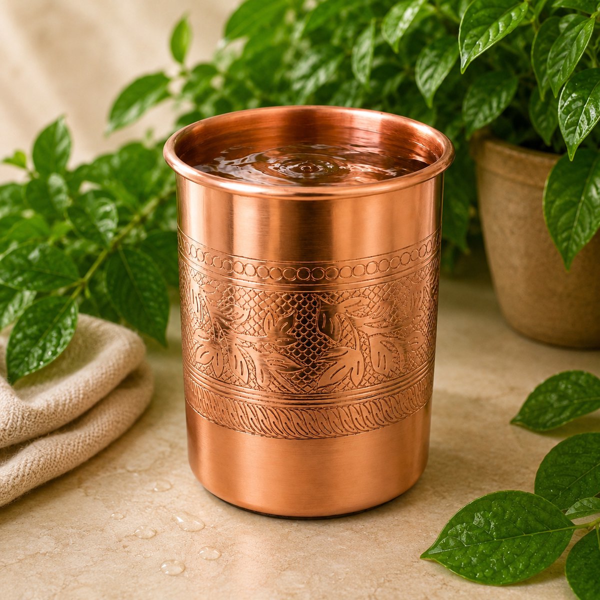 Puur koperen beker met bloempatroon rand – 300 ml/125 g (zware uitvoering)