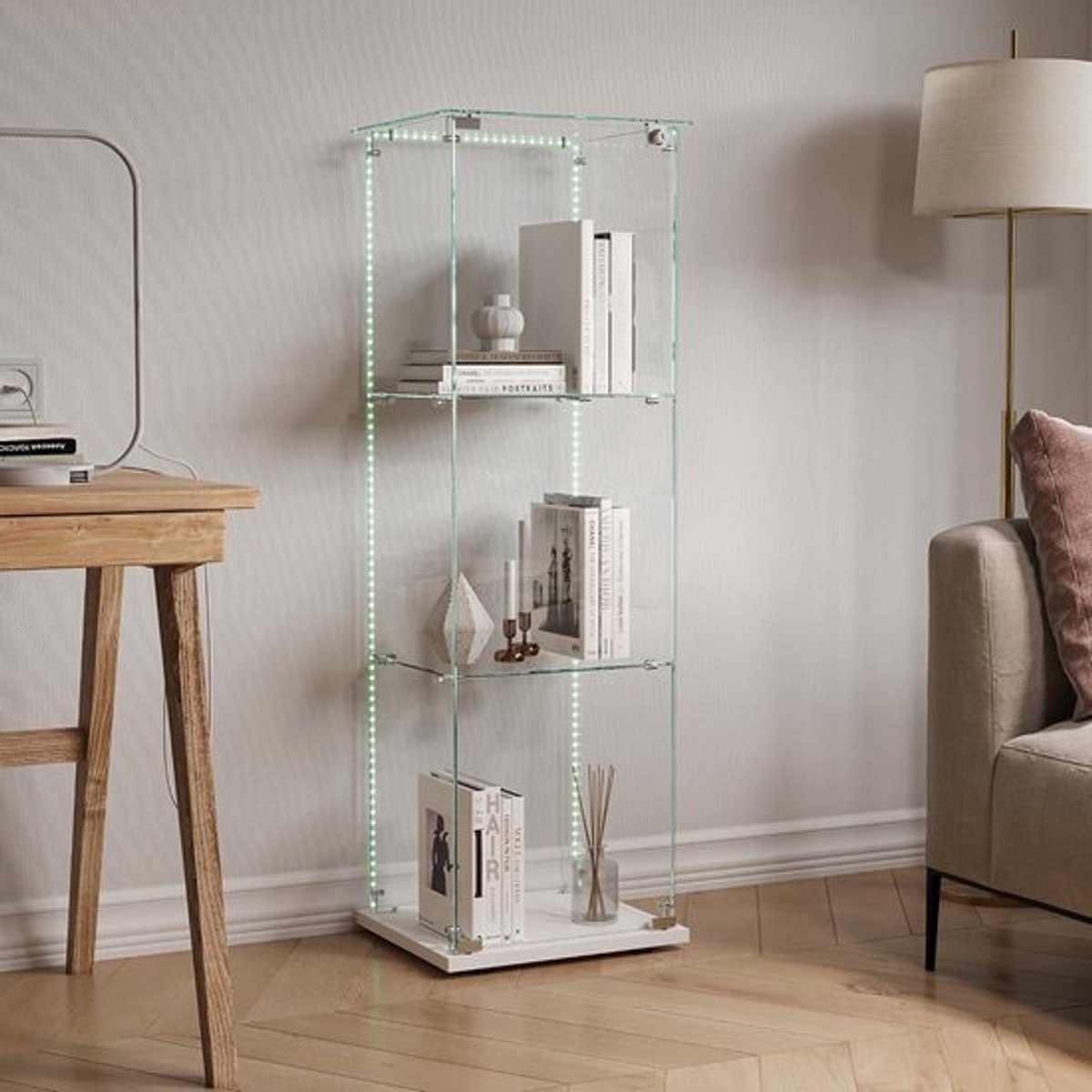 Staande Vitinekast met LED-Verlichting - 3 Glazen Legplanken, Afsluitbare Glasdeur, Perfect voor Verzamelforwerpen & Wijnglazen, Wit