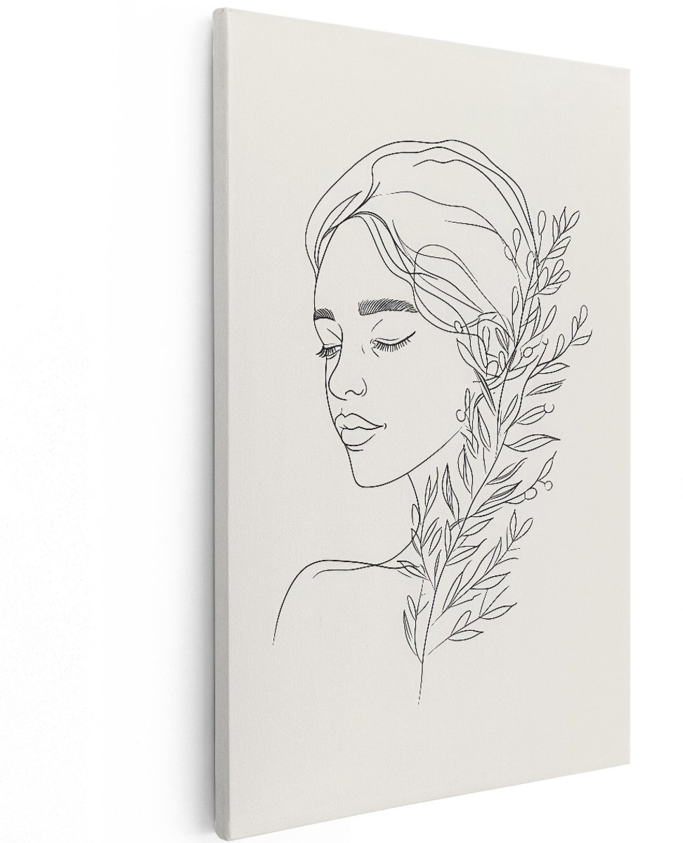 Artaza Canvas Schilderij Vrouw Line Art - 120x180 cm - Groot - Wanddecoratie Minimalistisch - Muurdecoratie Botanisch - Decoratie Portret Slaapkamer