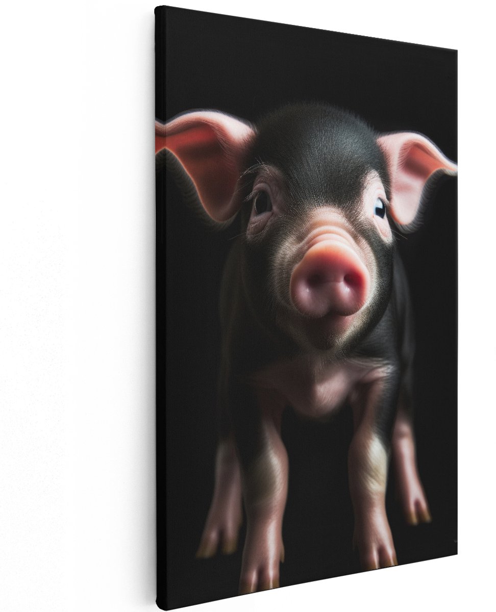 Artaza Canvas Schilderij Biggetje - 120x180 cm - Groot - Wanddecoratie Dieren - Muurdecoratie Kinderkamer - Schilderijen Op Canvas Zwart