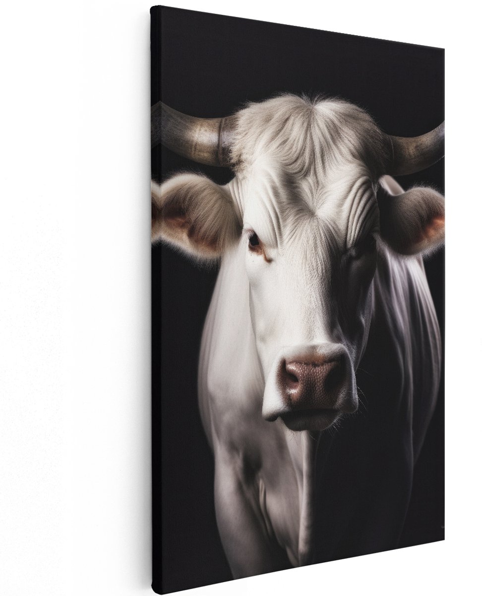 Artaza Canvas Schilderij Stier - 120x180 cm - Groot - Wanddecoratie Dieren - Muurdecoratie Witte Koe - Decoratie Woonkamer - Zwart