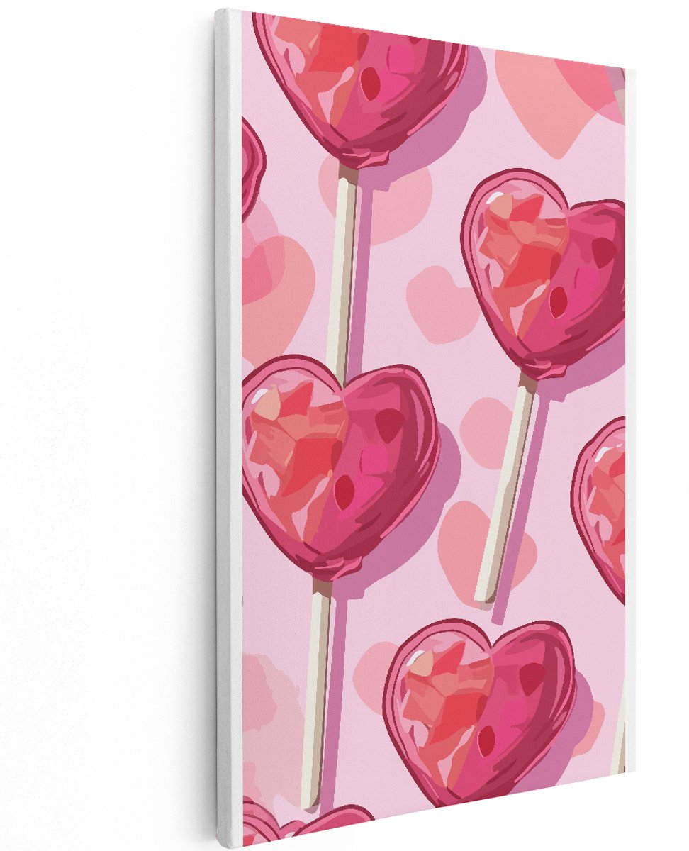 Artaza Canvas Schilderij Hartjes Lolly - 120x180 cm - Groot - Wanddecoratie Roze - Muurdecoratie Liefde - Decoratie Romantisch - Schilderijen Op Canvas