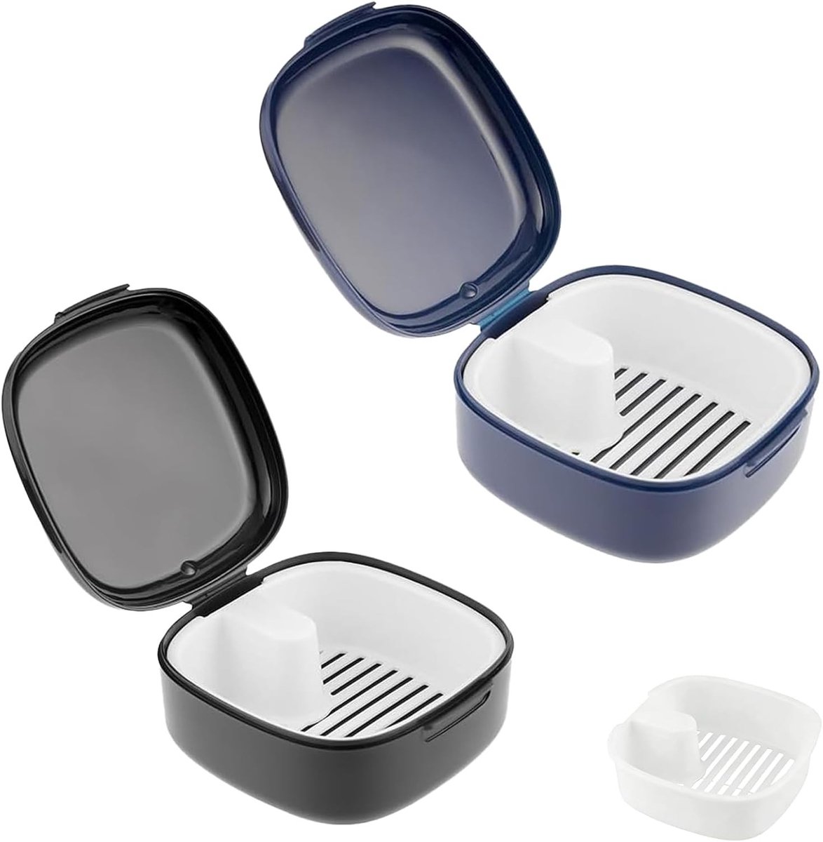 Tandprothesenbox - Zwart-Blauw - 7,8 x 7,8 x 2 cm - Draagbare Prothesendoos met Zeef - Voor Veilig Opbergen en Reinigen
