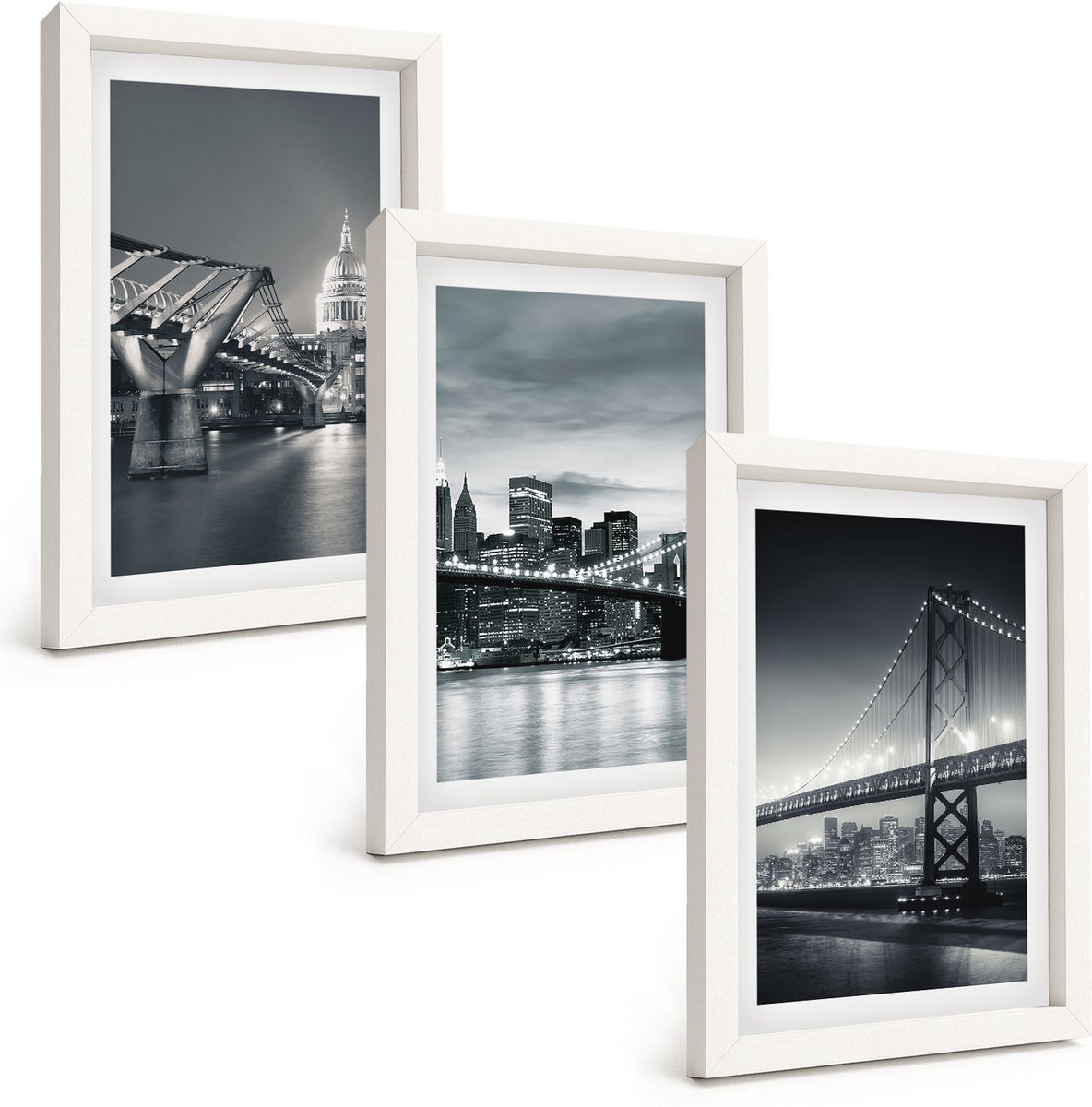 Wallfluent 3-Delige Schilderij Set - Bruggen En Stedelijke Architectuur In Grijstinten - 20 x 30 - Decoratieve Muurdecoratie - Slaapkamer - Wanddecoratie