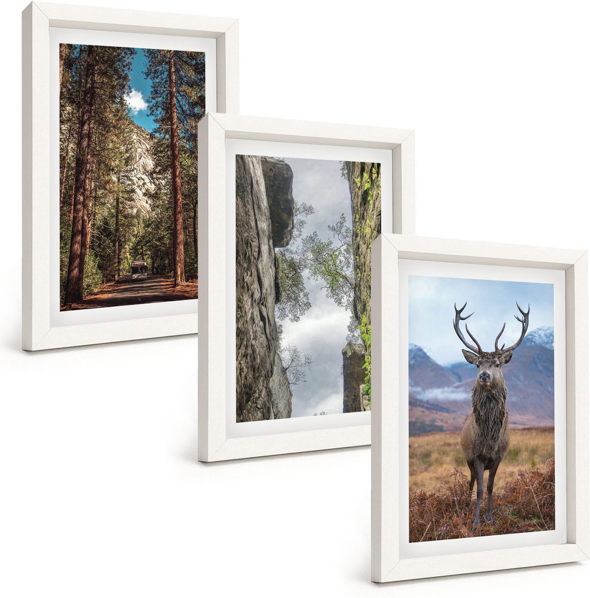 Wallfluent 3-Delige Schilderij Set - Weg Door Het Bos, Bergen En Herten In De Natuur. - 20 x 30 - Muurdecoratie - Wanddecoratie - Slaapkamer - Woonkamer Decoratie