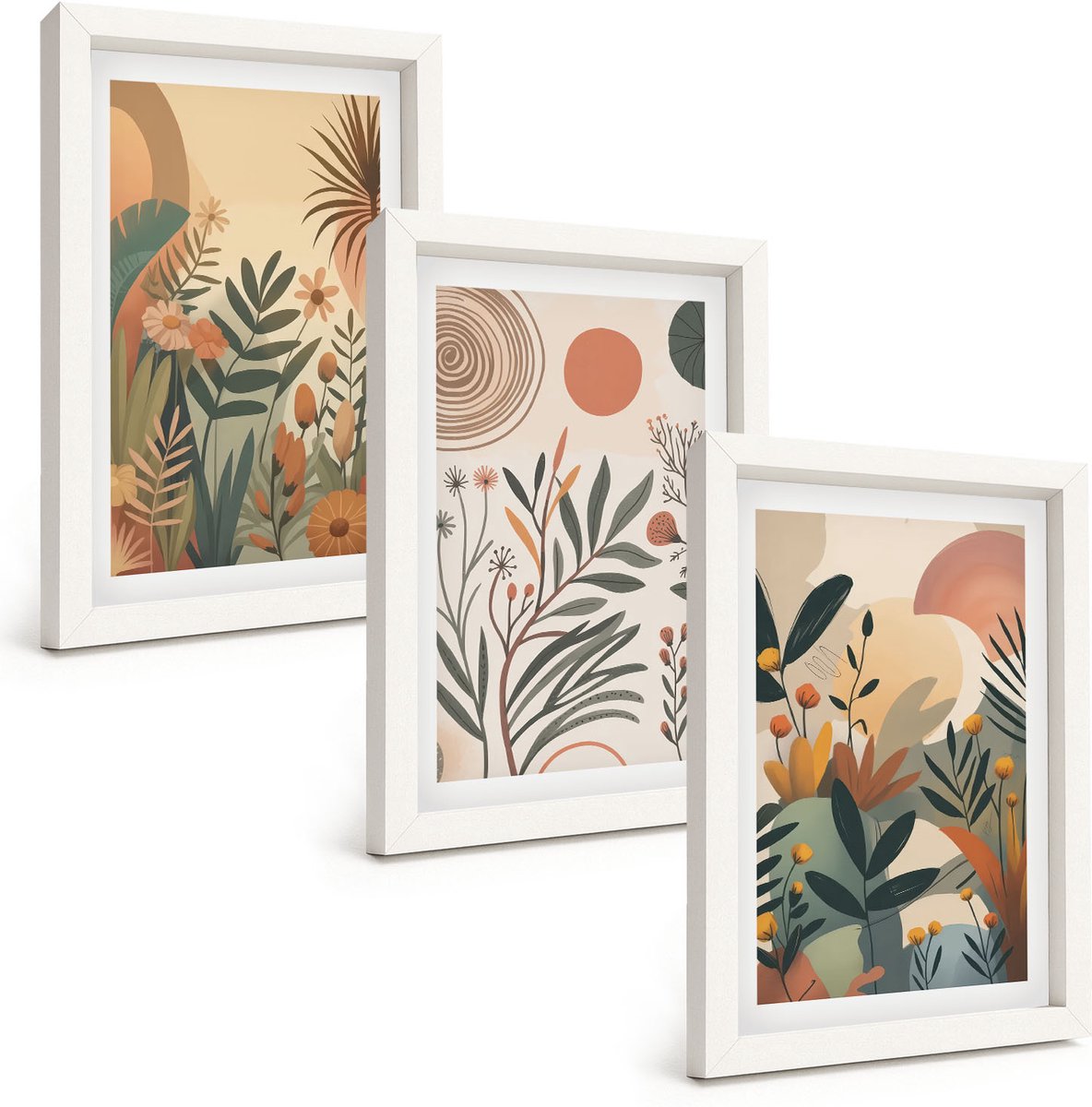 Wallfluent 3-Delige Schilderij Set - Plantmotieven In Gedempte Kleuren Met Cirkels. - 20 x 30 - Muurdecoratie - Schilderijen Set - Woonkamer - Wanddecoratie