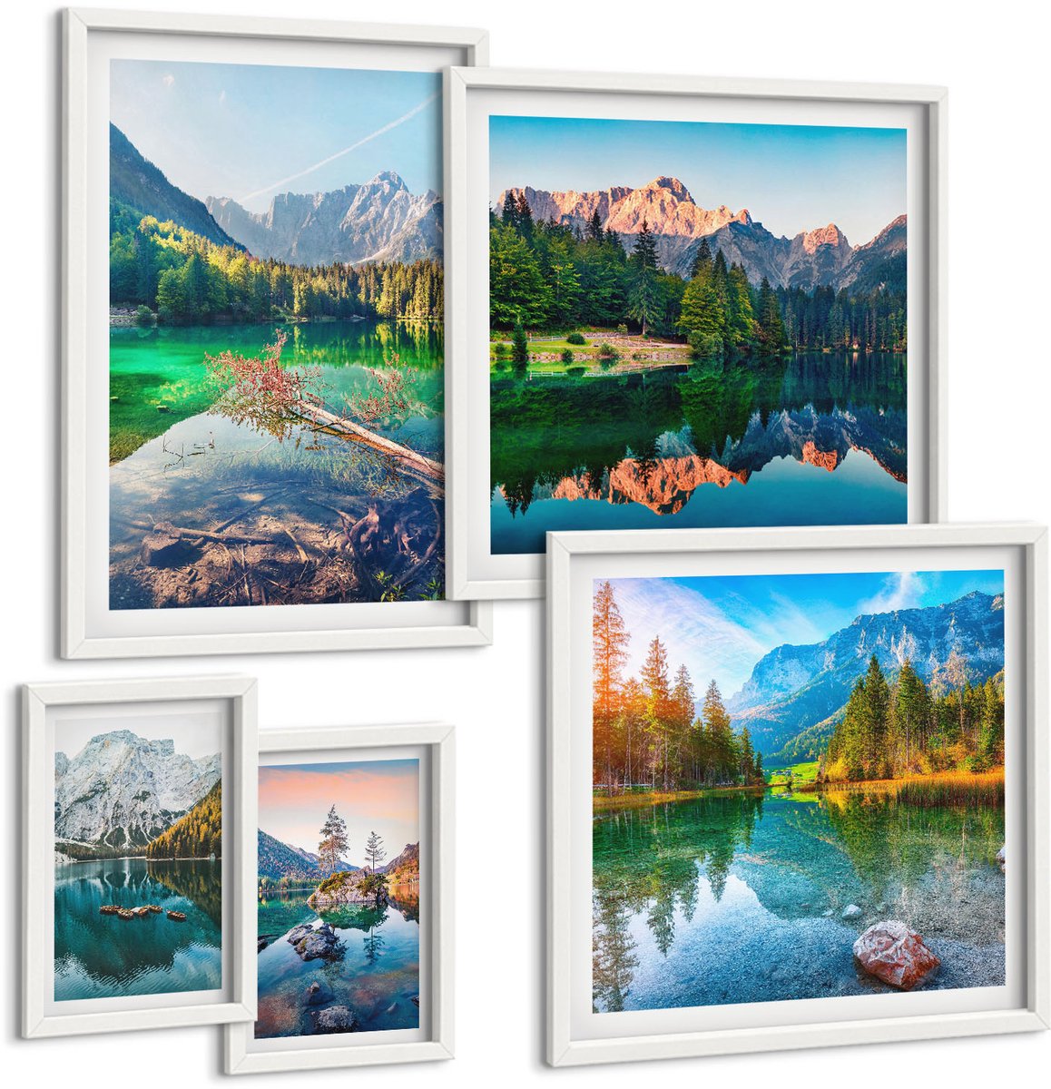 Wallfluent 5-Delige Schilderij Set - Berglandschappen Met Meren En Groene Bossen - 50 x 50 cm, 20 x 30 cm En 40 x 60 cm - Decoratieve Schilderijen - Wanddecoratie - Hal - Woonkamer Decoratie