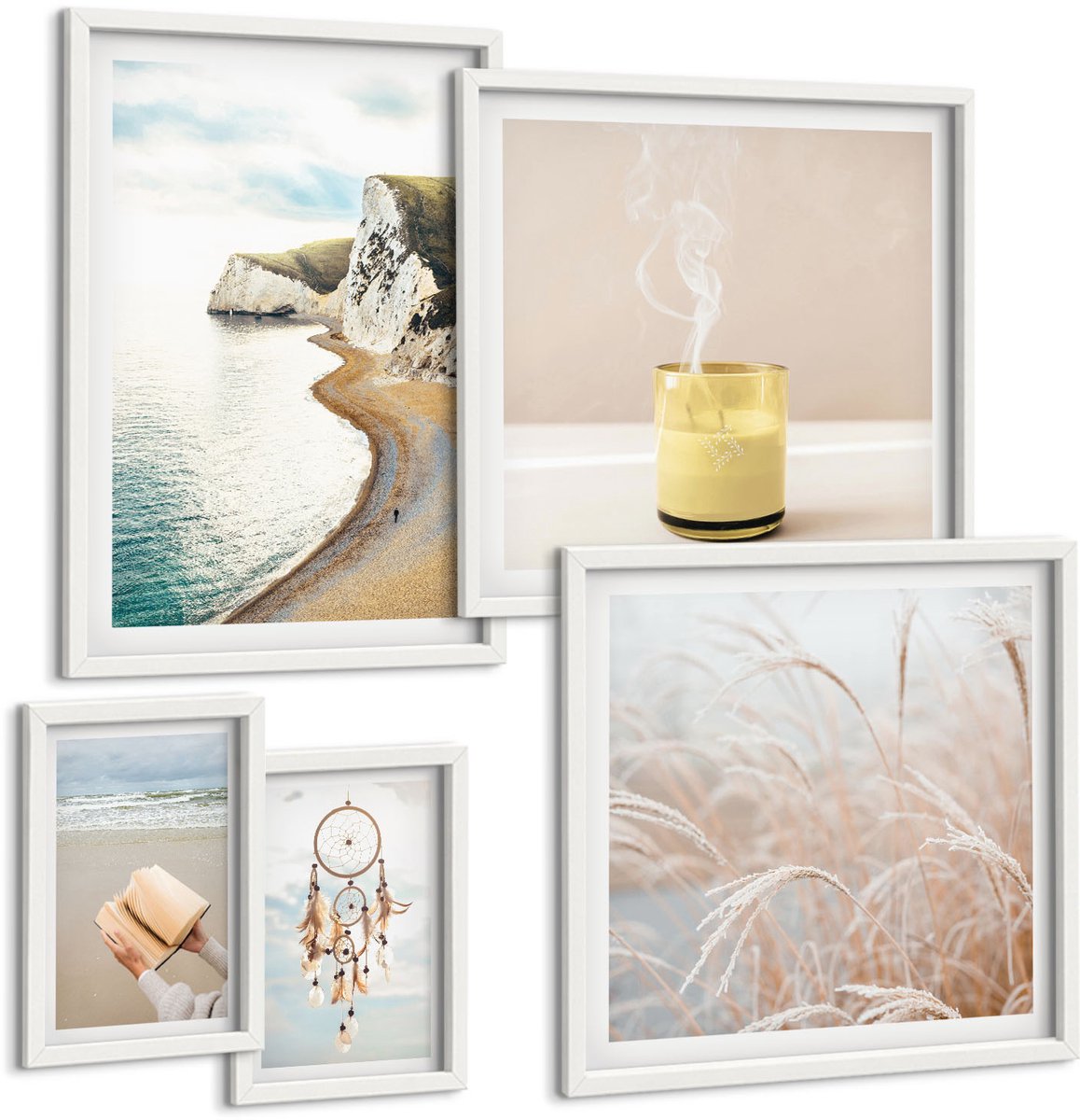 Wallfluent 5-Delige Schilderij Set - Ontspannende Natuurthema'S Met Boeken En Dromen - 50 x 50 cm, 20 x 30 cm En 40 x 60 cm - Stijlvolle Muurdecoratie - Slaapkamer