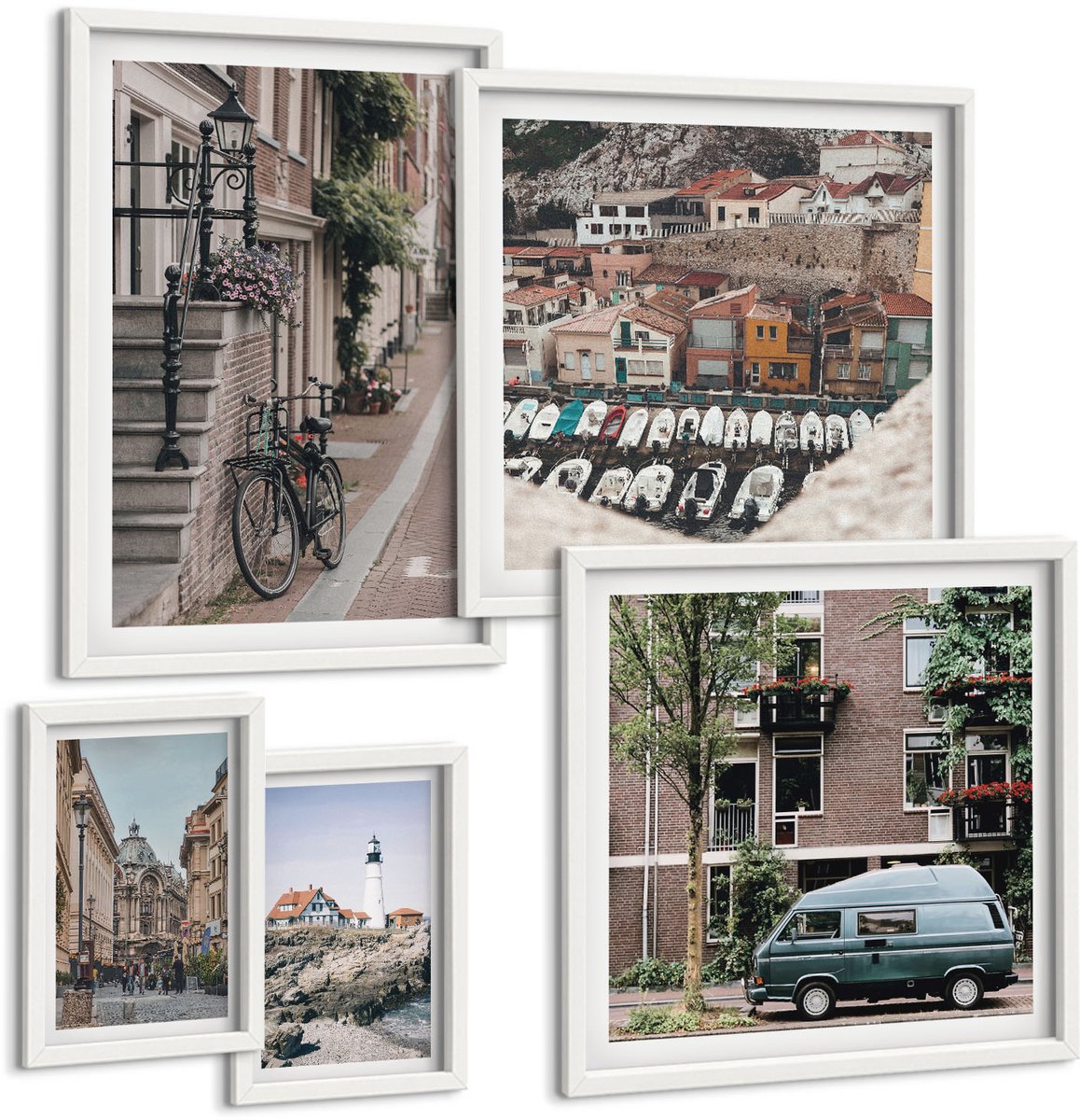 Wallfluent 5-Delige Schilderij Set - Sfeervolle Straatjes Met Fietsen En Uitzicht Op Vuurtorens. - 50 x 50 cm, 20 x 30 cm En 40 x 60 cm - Moderne Wanddecoratie - Woonkamer - Stijlvolle Muurdecoratie