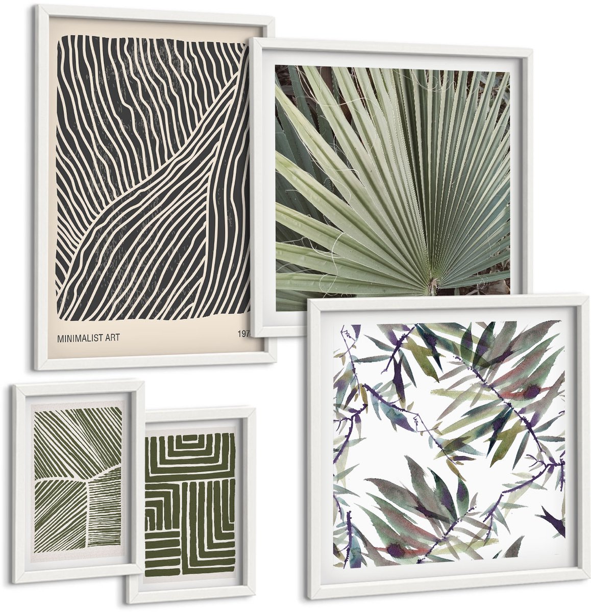 Wallfluent 5-Delige Schilderij Set - Plantenpatronen In Een Minimalistische Stijl Voor Interieurs - 50 x 50 cm, 20 x 30 cm En 40 x 60 cm - Stijlvolle Wanddecoratie - Interieur