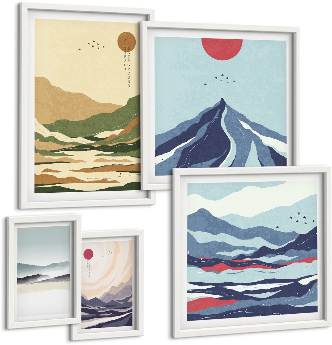 Wallfluent 5-Delige Schilderij Set - Berglandschappen Met Minimalistische Natuurmotieven - 50 x 50 cm, 20 x 30 cm En 40 x 60 cm - Muurdecoratie - Wanddecoratie - Hal - Interieur Decoratie