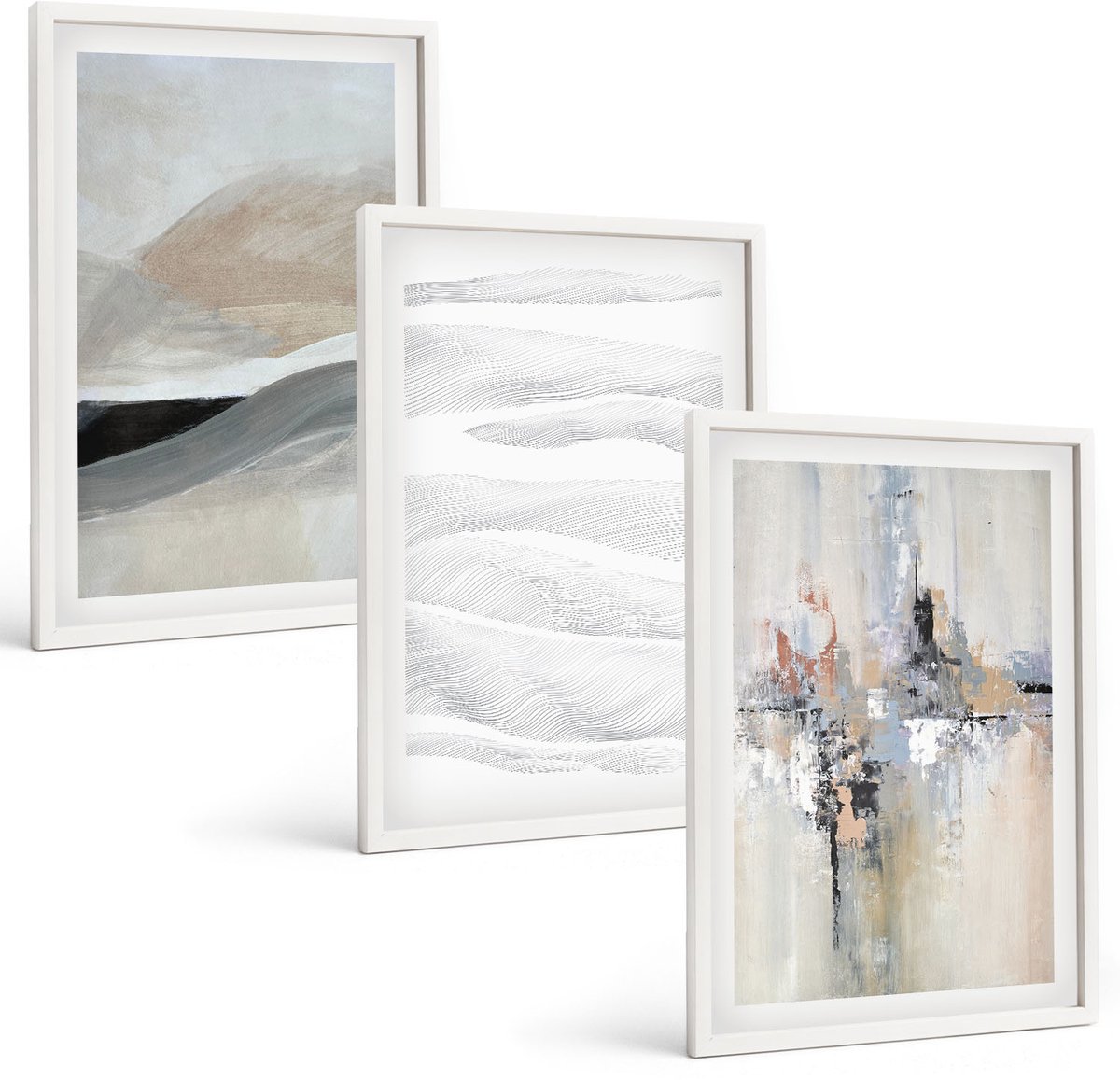 Wallfluent 3-Delige Schilderij Set - Abstracte Patronen In Neutrale Aardetinten - 40 x 60 - Wanddecoratie - Woonkamer Decoratie - Decoratieve Schilderijen