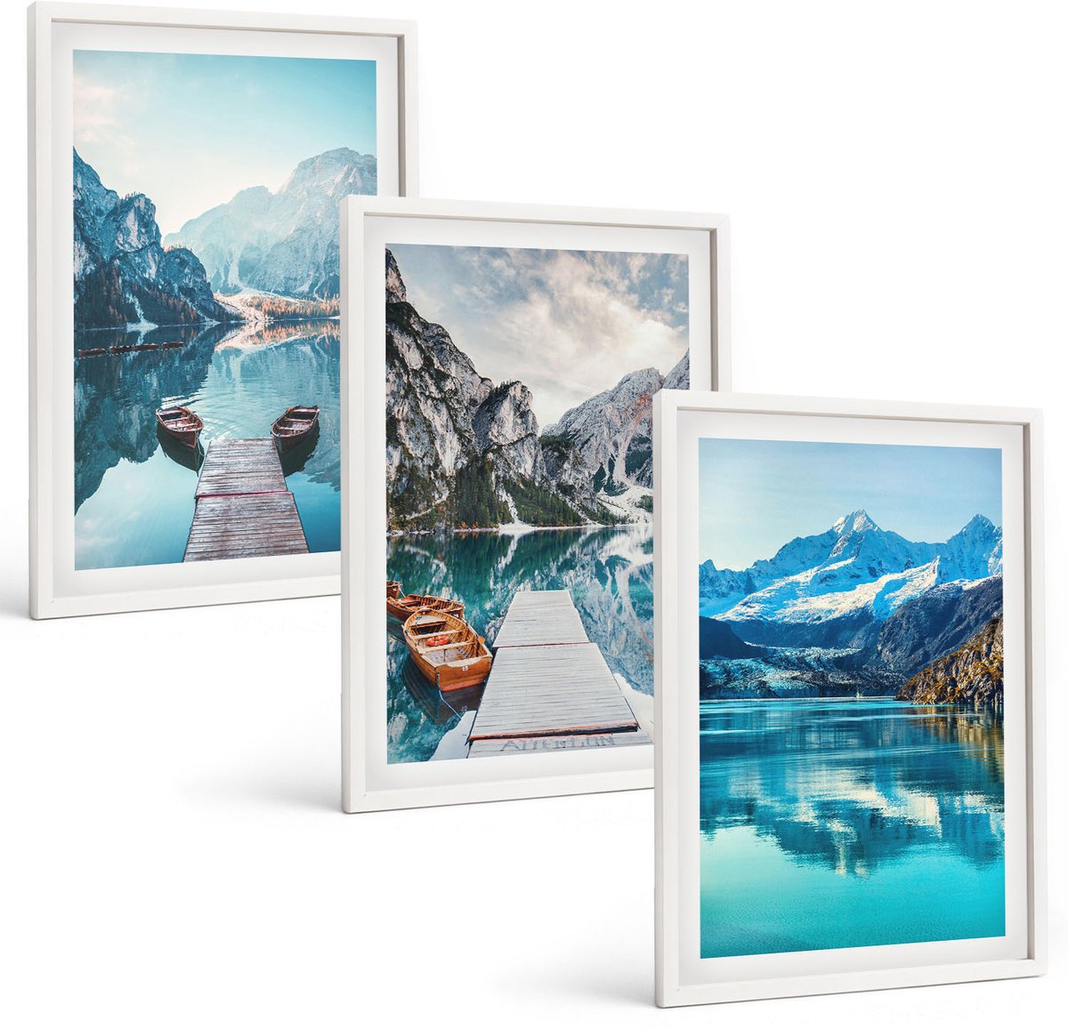 Wallfluent 3-Delige Schilderij Set - Bergmeren Met Boten En Weerspiegelingen In Het Water. - 40 x 60 - Stijlvolle Muurdecoratie - Kantoor