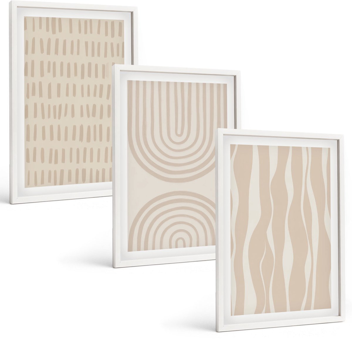 Wallfluent 3-Delige Schilderij Set - Abstracte Patronen In Beige En Witte Tinten. - 40 x 60 - Wanddecoratie - Woonkamer Decoratie - Interieur Decoratie
