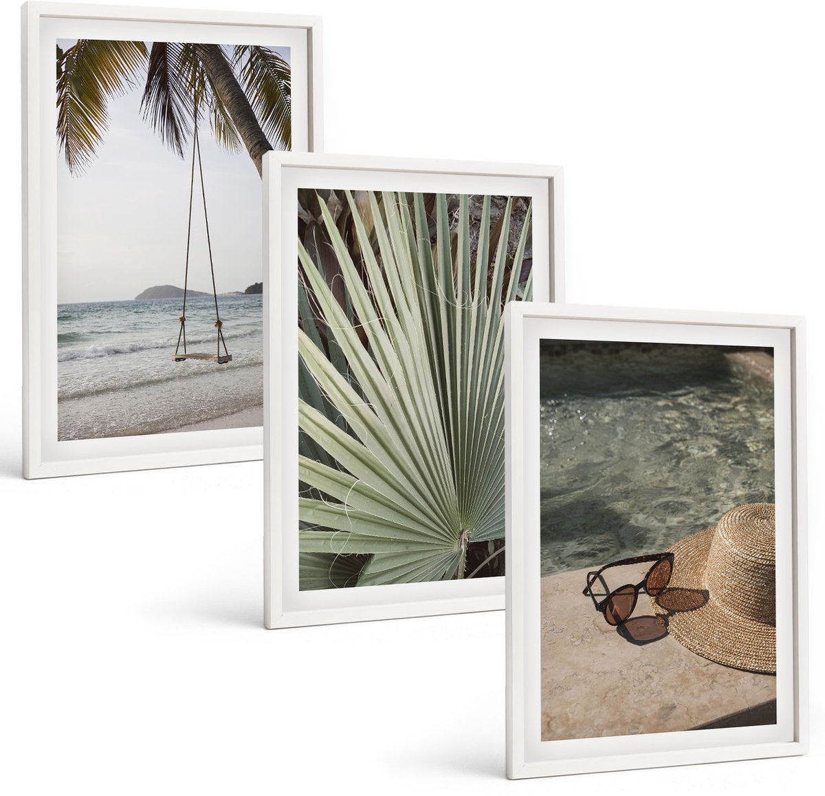 Wallfluent 3-Delige Schilderij Set - Vakantie Aan Het Strand Met Palmbladerenschommel - 40 x 60 - Wanddecoratie - Muurdecoratie - Woonkamer - Stijlvolle Muurdecoratie