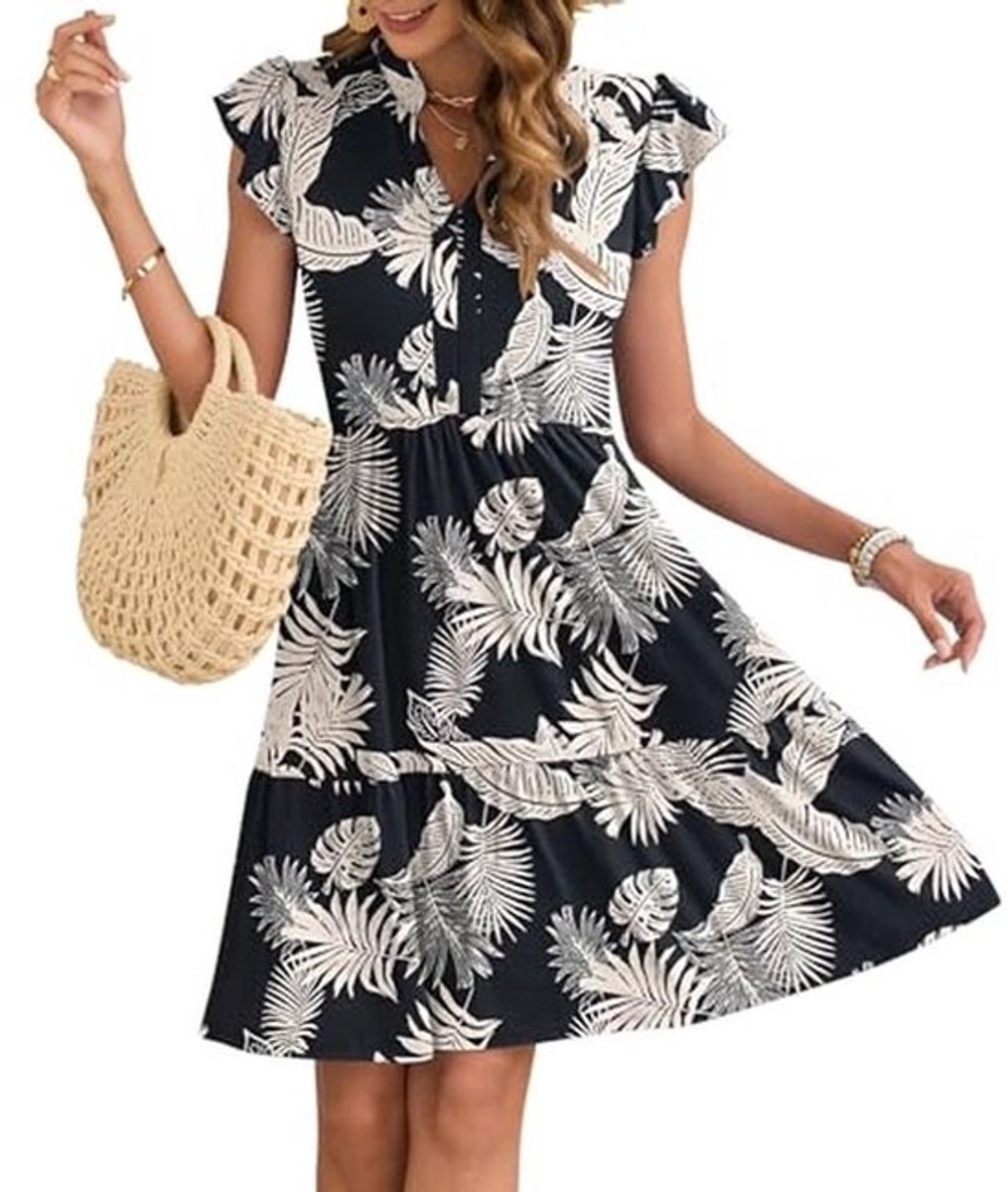 Zomerjurk V-hals voor Dames met Ruches en Mouwen - Mini-jurk met Elastische Taille en Zakken
