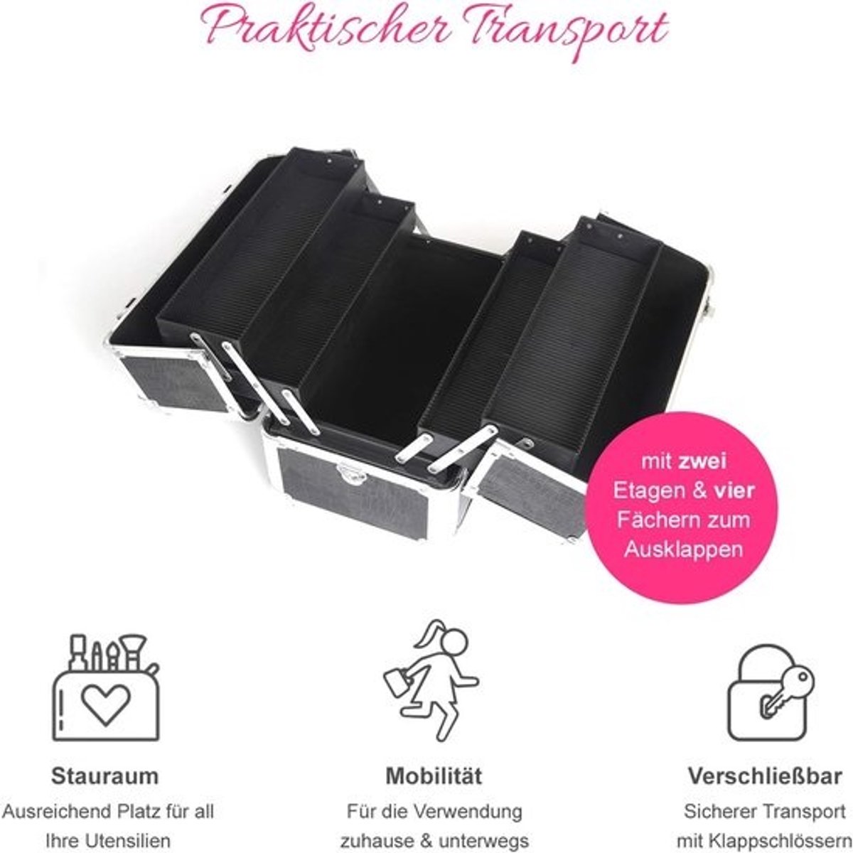 Nail Art Koffer - Cosmetica Opbergen - Professioneel Gebruik - Robuuste Afwerking - 36 x 22 x 27 cm - Zwart