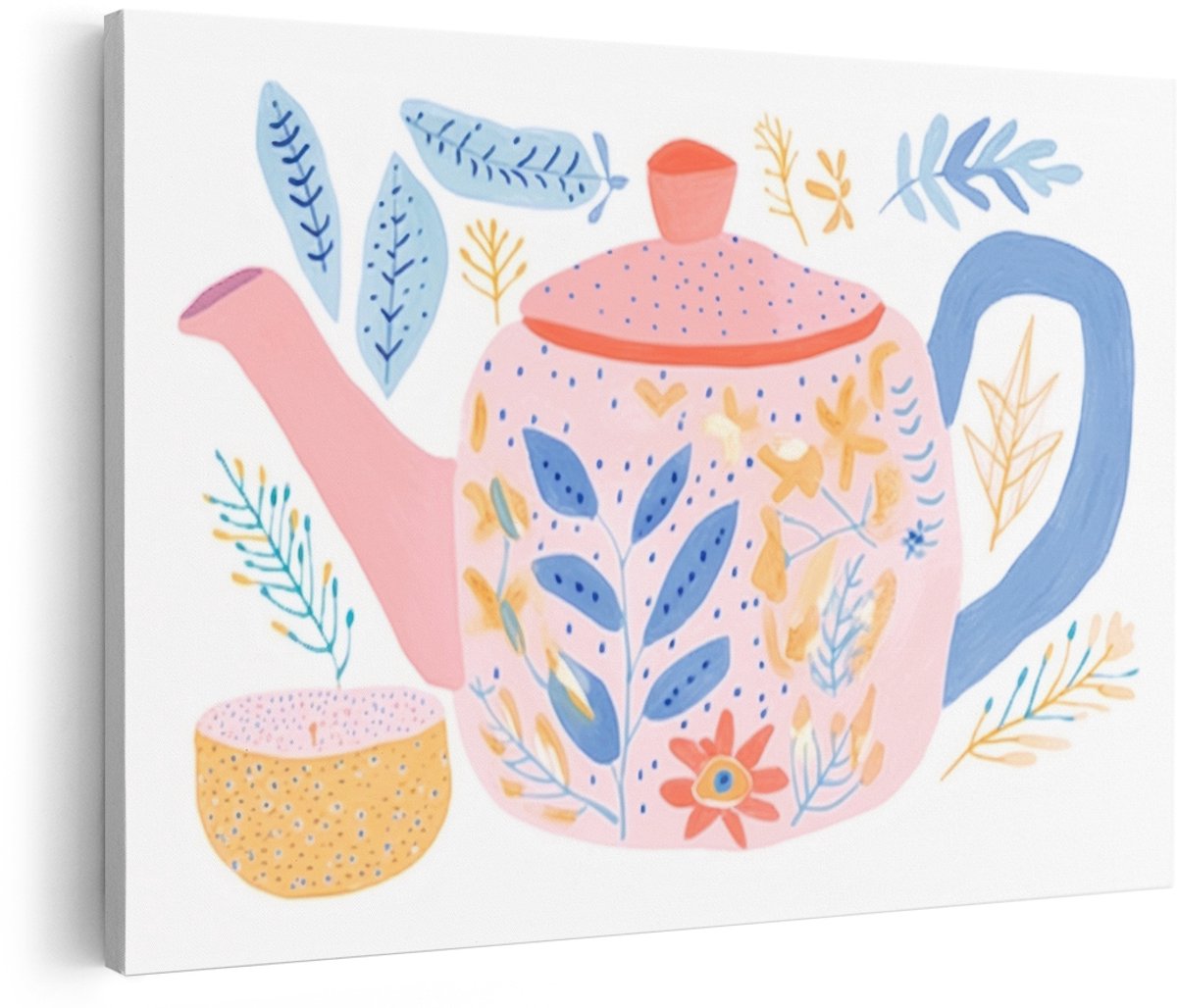 Artaza Canvas Schilderij Theepot - 150x100 cm - Groot - Wanddecoratie Bloemen - Muurdecoratie Boho - Decoratie Keuken - Pastel