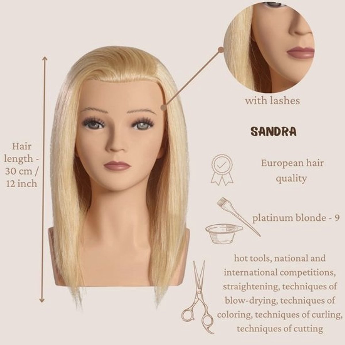 Oefenhoofd 30 cm lichtblond - Perfect voor Kappers