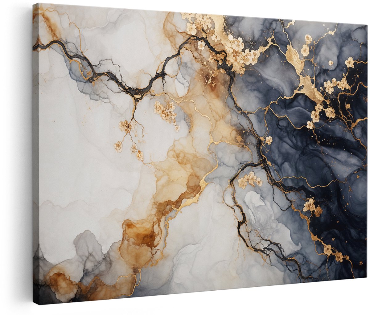 Artaza Canvas Schilderij Abstract Marmer Patroon Met Goud - Zwart Wit - 150x100 cm - Groot - Wanddecoratie Woonkamer - Schilderijen - Muurdecoratie