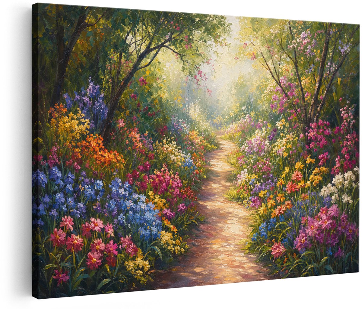 Artaza Canvas Schilderij Bloemenpad In Kleurrijke Natuur - Lente Zomers Landschap - 150x100 cm - Groot - Wanddecoratie Woonkamer - Schilderijen - Muurdecoratie