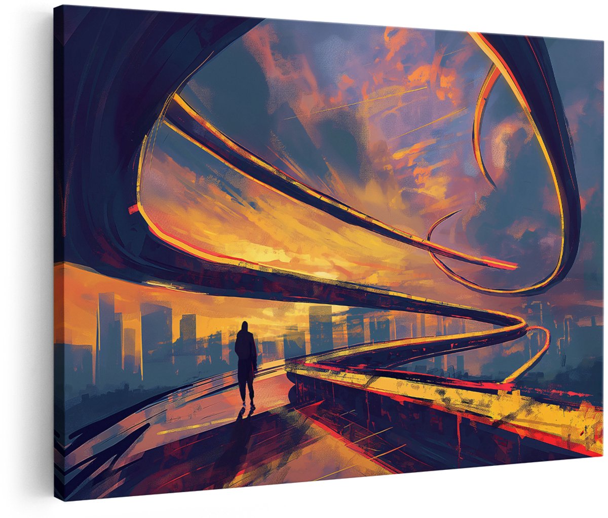 Artaza Canvas Schilderij Futuristische Stad - 150x100 cm - Groot - Wanddecoratie Zonsondergang - Muurdecoratie Skyline - Decoratie Silhouet Figuur - Oranje