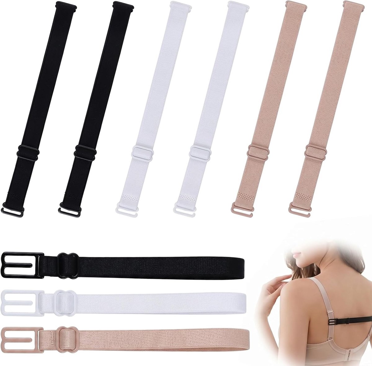 Verstelbare beha-bandjes met antislip haken - Set van 3 elastische vervangende bandjes in zwart, wit en beige voor dames, ideaal voor comfortabele lingerie