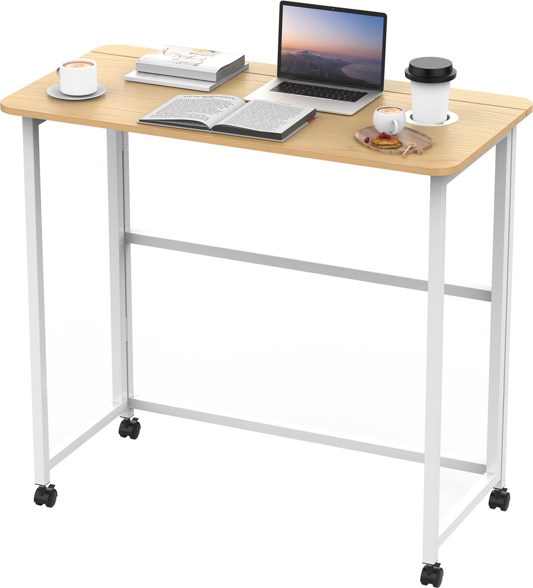 Arvioo‑Vouwbaar bureau‑80x40x74cm‑met wieltjes‑bekerhouder‑walnoot