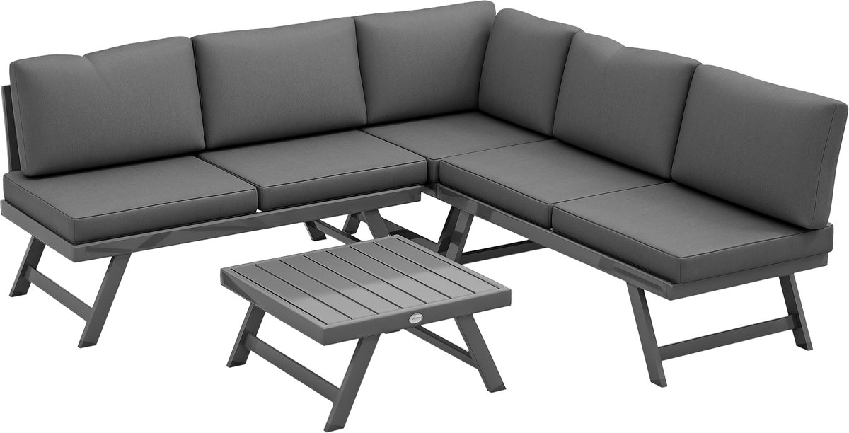 4-delige modulaire L-vormige hoekbank voor in de tuin, bestaande uit 2 banken, 1 hoekfauteuil en 1 salontafel, grijs
