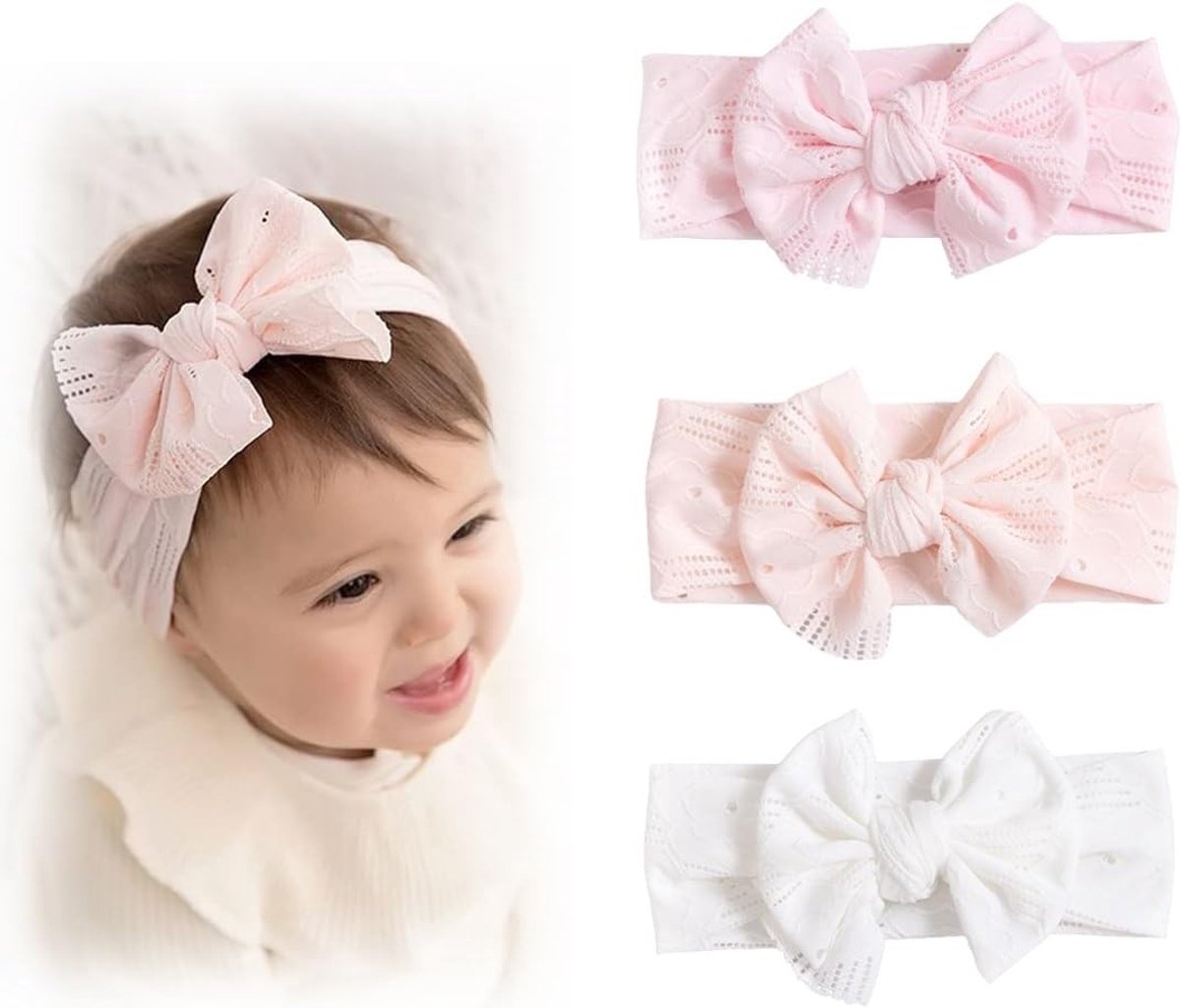 Schattige Haarbanden voor Meisjes - 3 Stuks met Strik, Elastaan en Zachte Materialen voor Kinderen en Peuters (Wit, Abrikoos, Roze)