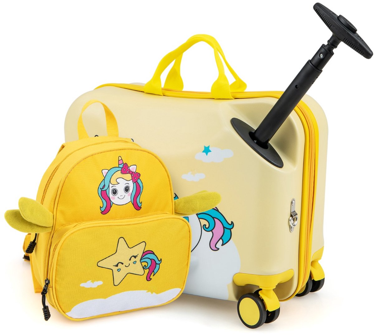 SureDeal® - Kinderkoffer - Delige - Rugzak Lange Ride - Brede Rugzak - Wielen - Waterdichte Harde Schaal - 47x26,5x36,5 cm - Geel