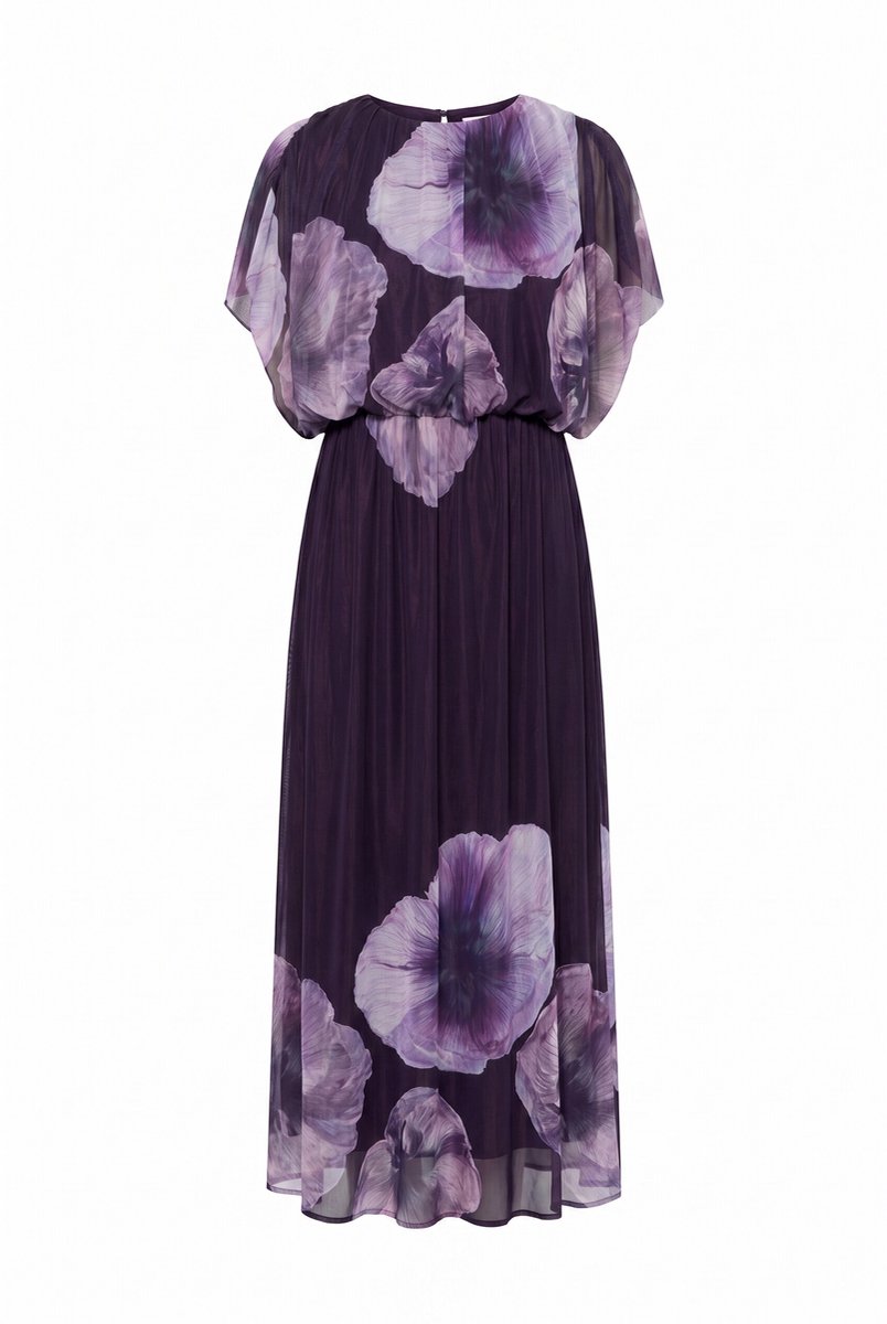 Ulla Popken - Dames - Maxi-jurk bloemen ronde hals ballon-bovenstuk mouwloos - Donker druif - Maat 54+