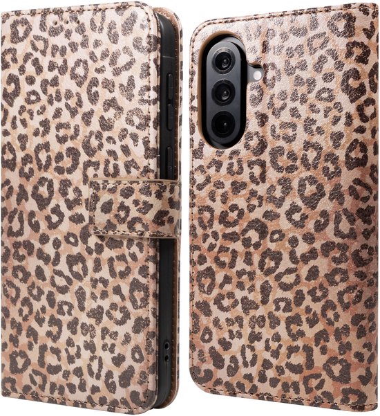 Étui de téléphone imprimé léopard, marron et noir, pour smartphone. Avec fermeture à bouton-pression.