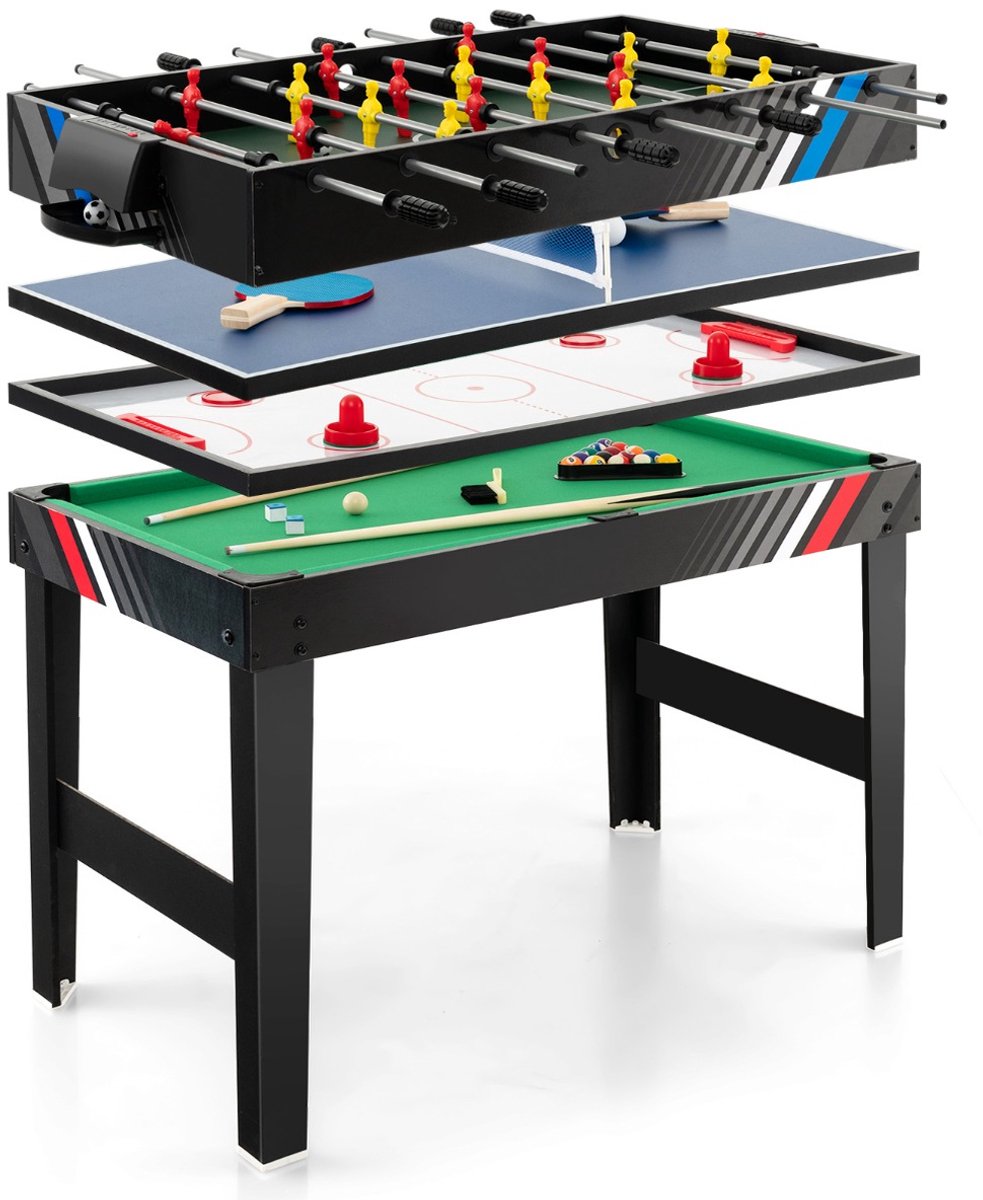 SureDeal® - 4-in-1 Speeltafel 125x97x83 cm - Tafelvoetbal, Biljart, Airhockey & Tafeltennis - Voor Kind & Volwassene - Thuisspelkamer - Zwart