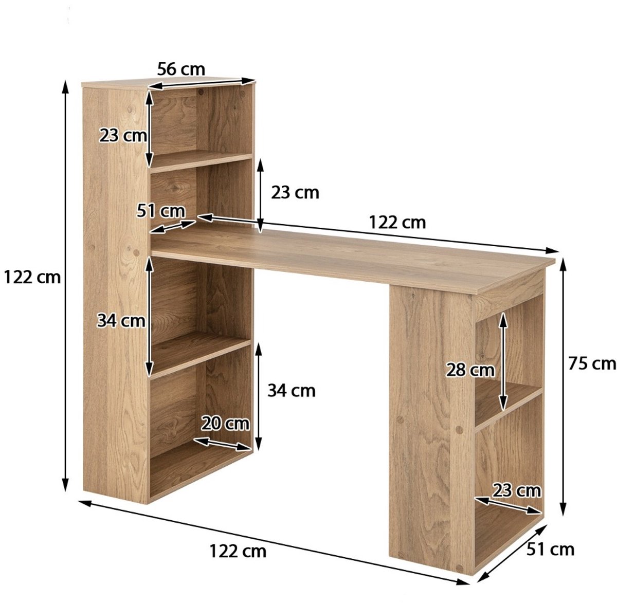 SureDeal® - Bureau - Licht Hout - 6 Opbergvakken - Kast - 122x51x122 cm - Salontafel - Woonkamer - Slaapkamer - Kantoor