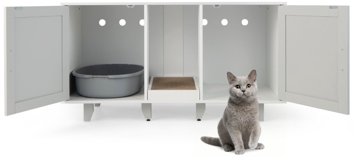 SureDeal® - Kattenhuis - Kattenbak - Tv-meubel - Kast - 2-in-1 - Halmeubel - Nachtkastje - Witgrijs - Opgeruimde Kamer - 120x52x65 cm - Kattenmand - Dressoir - Bijzetkastje - Krabpaal - Katten - Dierenhuis
