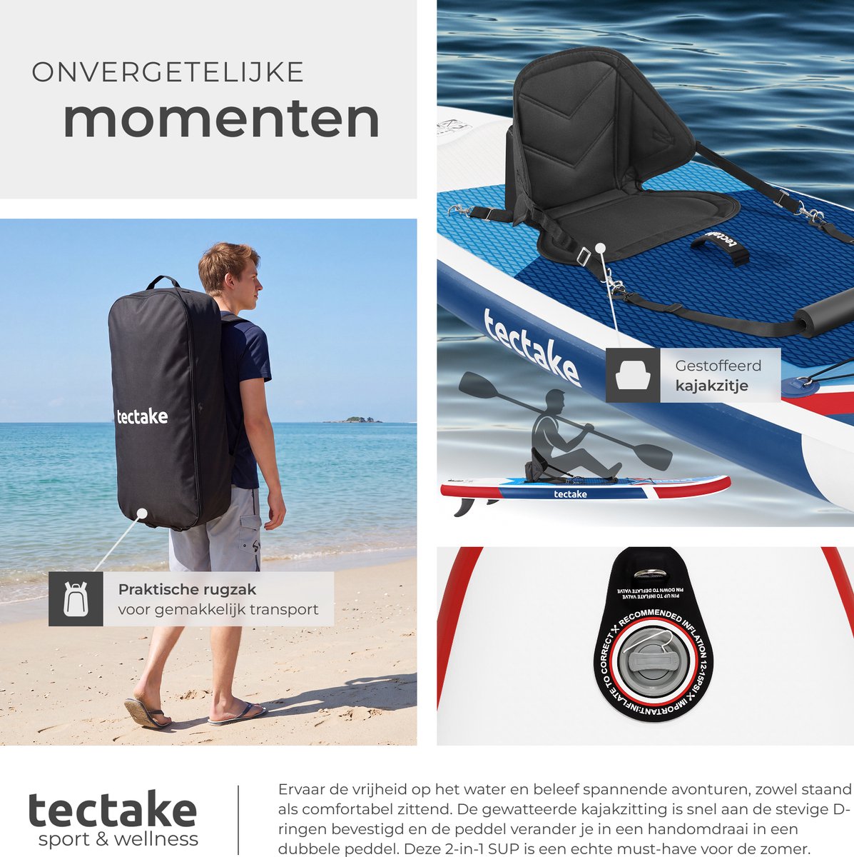 tectake® Stand-Up Paddle Board 320 cm – 2-in-1 Opblaasbaar SUP Board – Complete Set met Kajakzitje, Peddel, Pomp en Rugzak – Antislip EVA Dek – Max. 200 kg – rood / blauw – foto 6