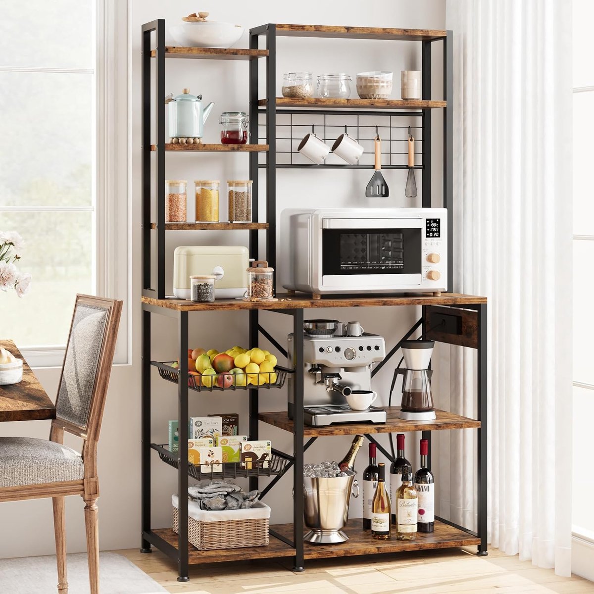 Keukenrek met Stopcontact - Bakkersrek 7 Niveaus - Magnetronkast met 2 Draadmanden - Koffiebar & Voorraadkast - Industrieel Bruin- 90 x 40 x 178 cm