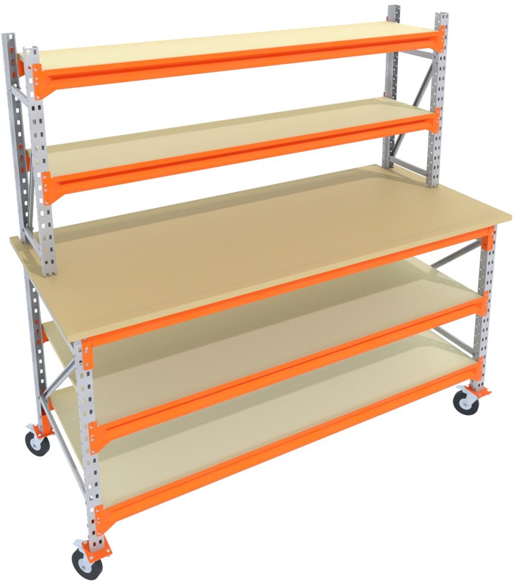 Werkbank of Inpaktafel op wielen GALVA 200cmx105cm - 3 niveaus (multiplex, 2 opbouw, zwarte wielen)