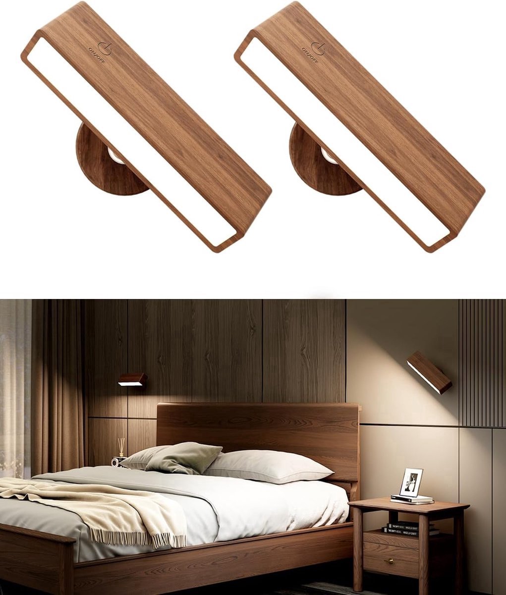 Wandlamp Binnen - Oplaadbaar - Wandlampen - Dimbare magnetische wandlamp - LED Wandlampen Draaibaar - voor slaapkamer,woonkamer - Wandgemonteerde leeslamp - 2-pack - Houten draadloze wandlamp
