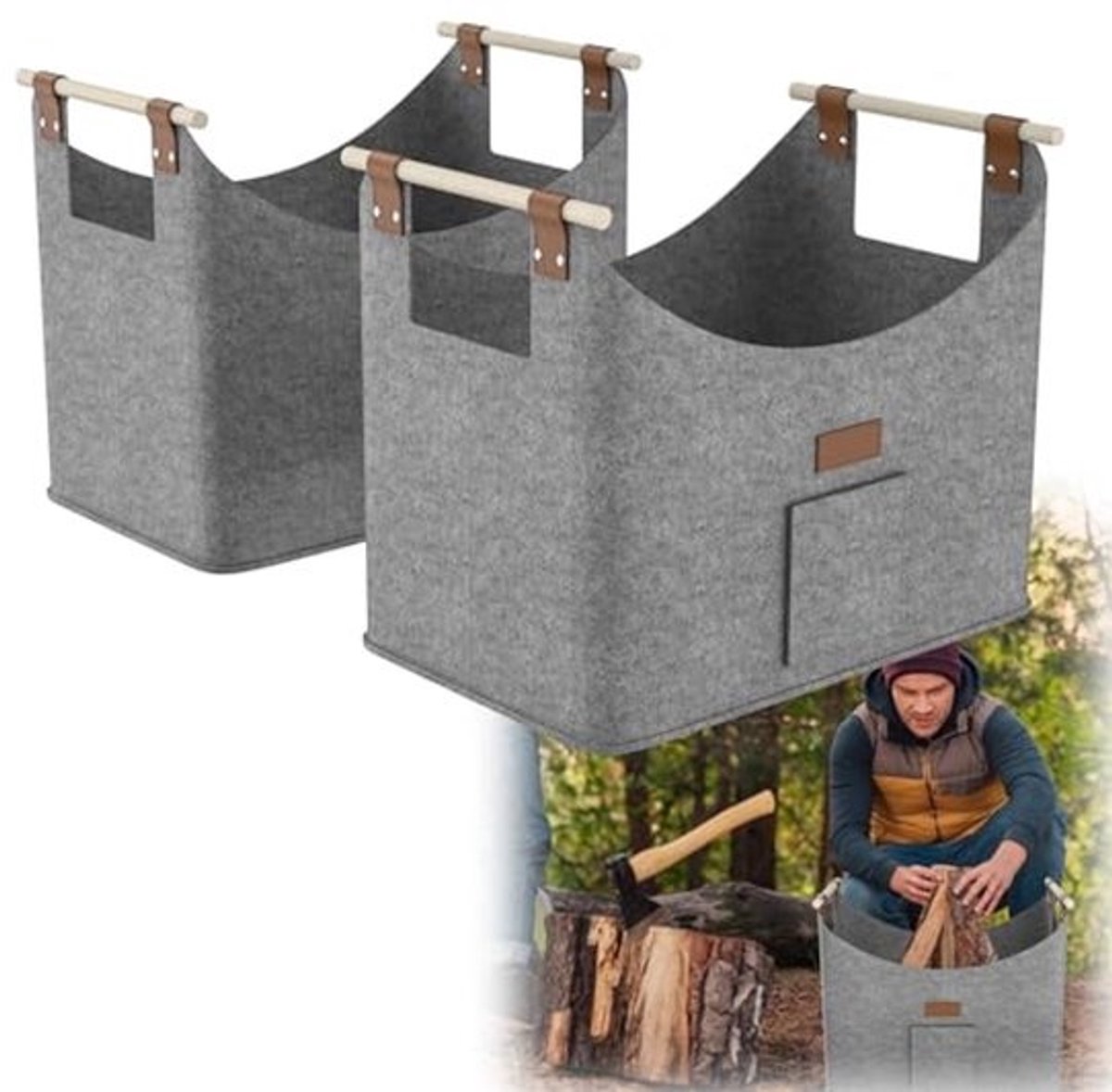 Vilten Brandhoutmand - Set van 2, Houten Mand voor Haardhout, Multifunctioneel en Lichtgewicht - 50 x 32 x 40 cm