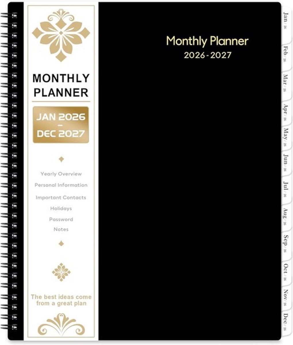2 Jaar Maandplanner 2026-2027 Agenda – Groot Formaat (A4) met Tabs, Contacten en Achtervak