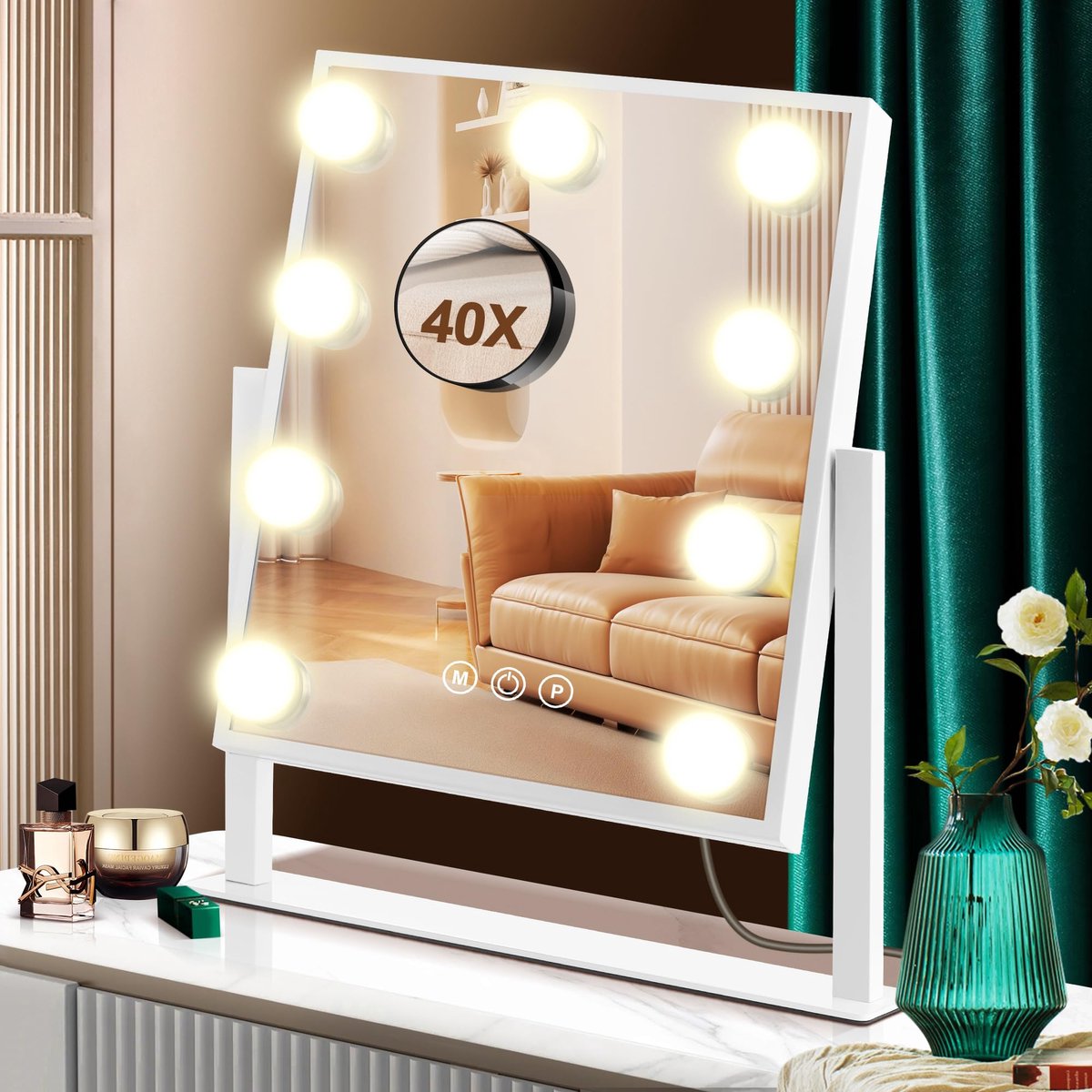 Hollywood Make-up Spiegel - Met Verlichting - 9 LED Lampen - 3 Lichtstanden - 40x Vergroting - Voor Slaapkamer & Make-uptafel - 30x36 cm
