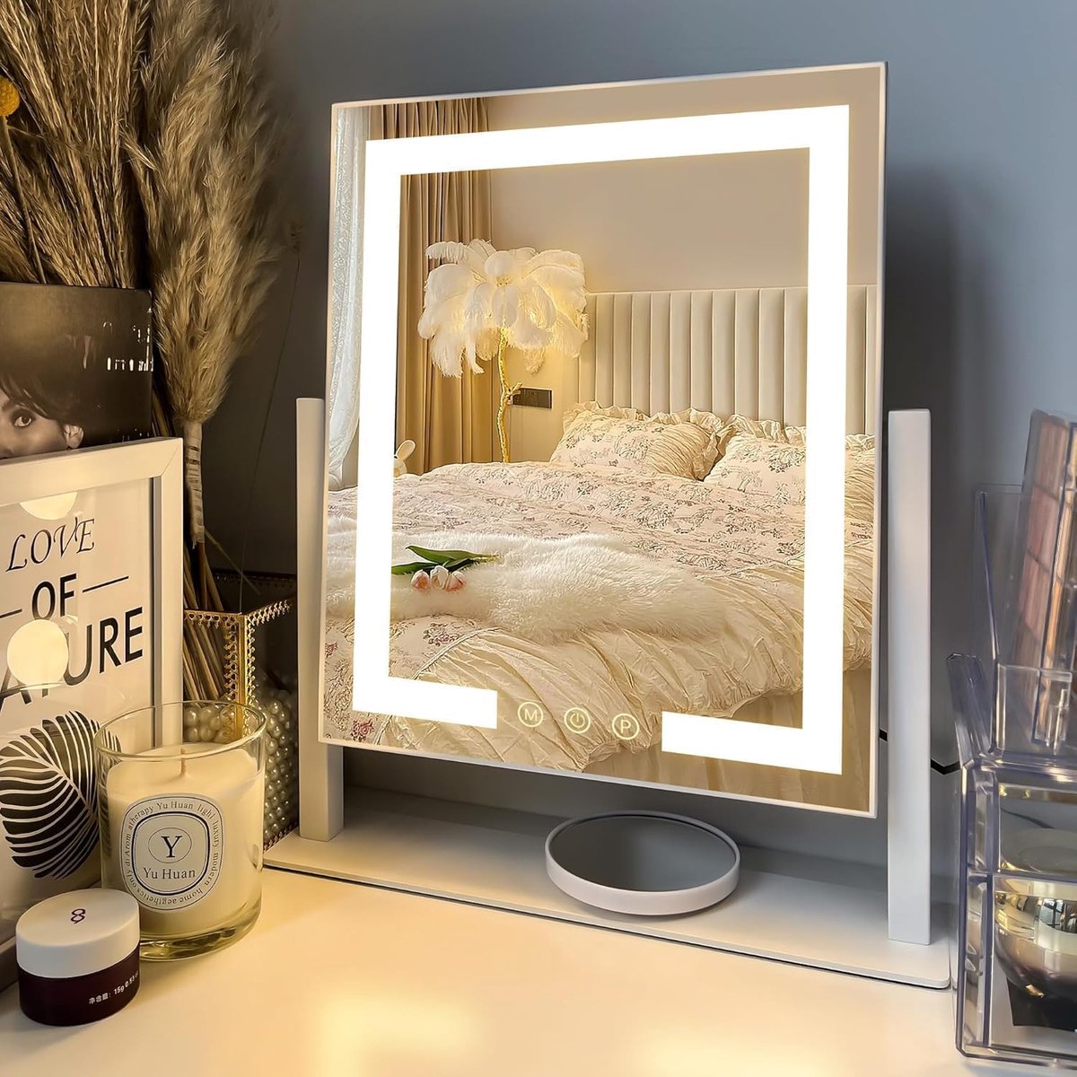 Make-upspiegel - Met LED verlichting, 3 lichtstanden, Touchsensor en 360° draaibaar metalen frame - Wit - 14,1 inch