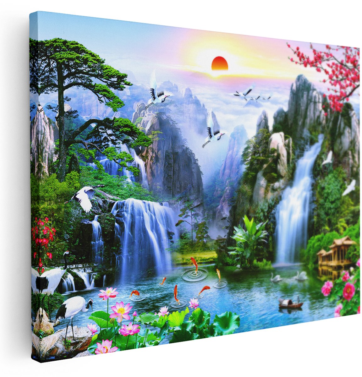 Artaza Canvas Schilderij Watervallen In De Bergen - Abstract - 160x120 cm - Groot - Wanddecoratie Woonkamer - Schilderijen - Muurdecoratie