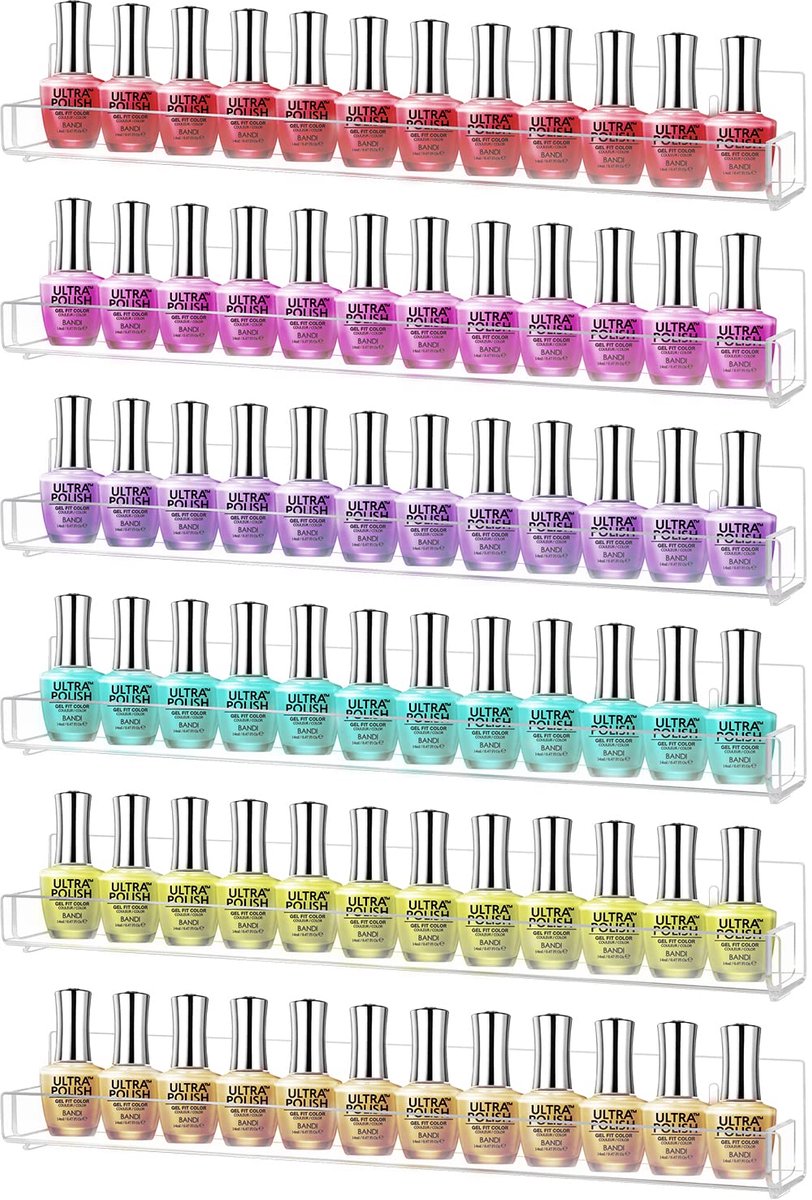 Nagellak Organizer - 6-delige set Acryl Transparant - Voor maximaal 90 flesjes met afneembare antislip eindstukken - Wandmontage - 38 cm