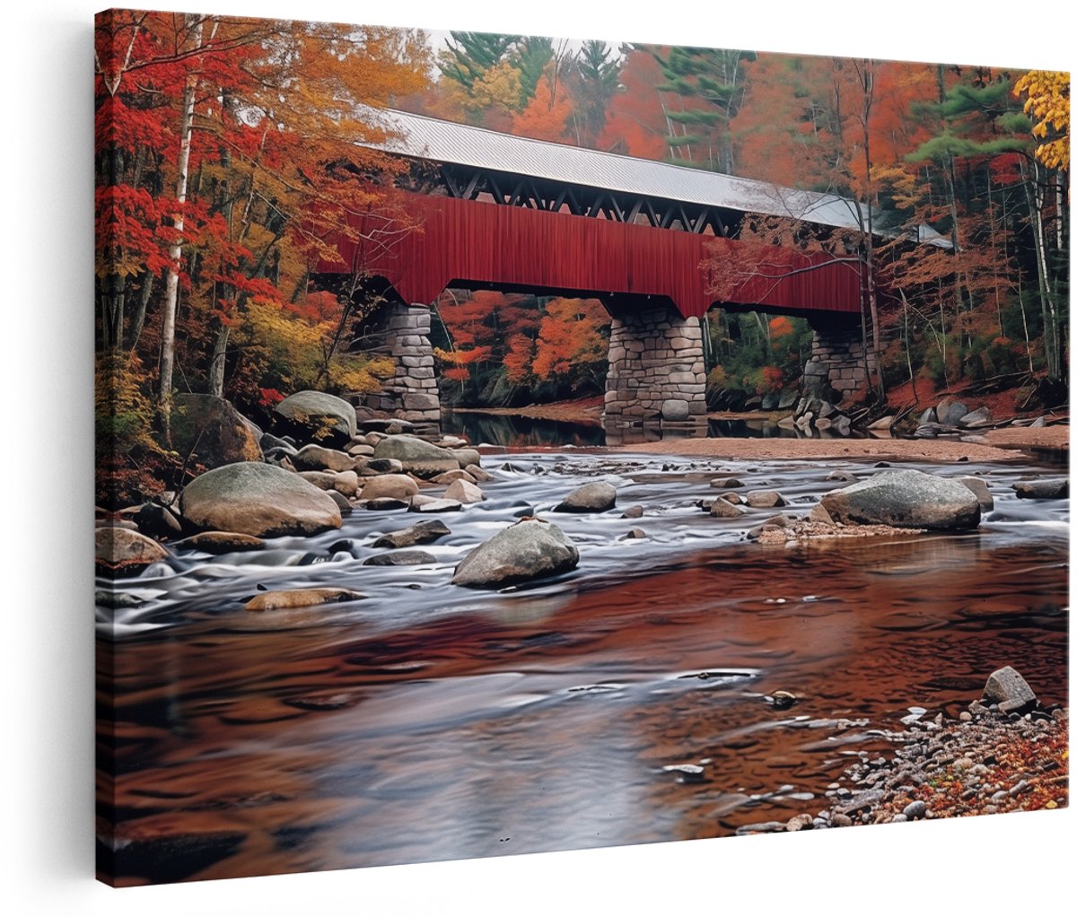 Artaza Canvas Schilderij Overdekte Brug over een Rivier - 180x120 cm - Groot - Wanddecoratie Woonkamer - Schilderijen - Muurdecoratie